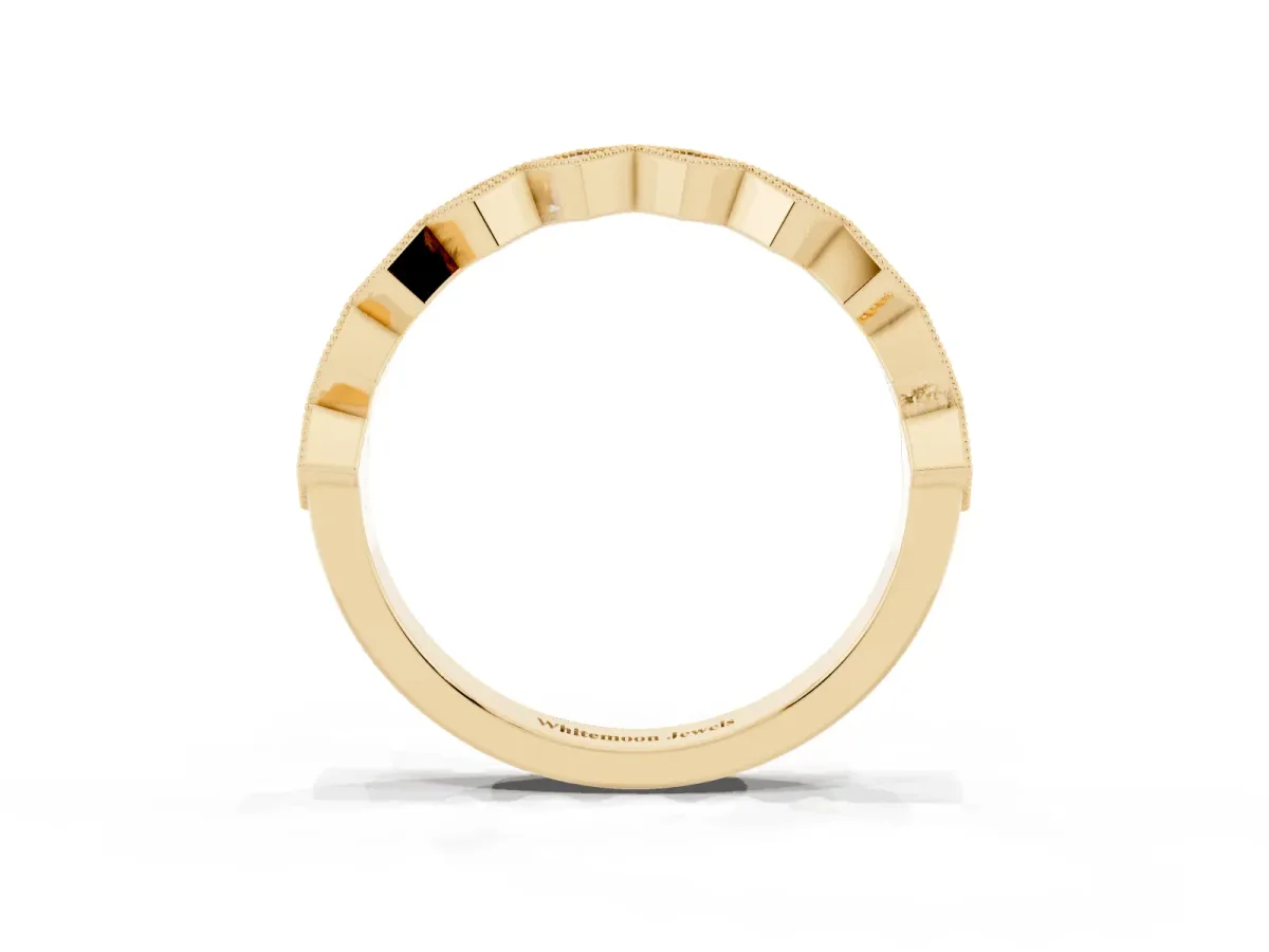 Milgrain Diamond Geometric Stackable Band with Round Cut Stones and Bezel Setting Yellow gold