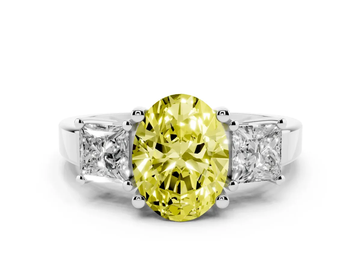 Fancy Yellow Three-Stone Oval Cut Cut Solitaire Ring with Prong Setting Platinum