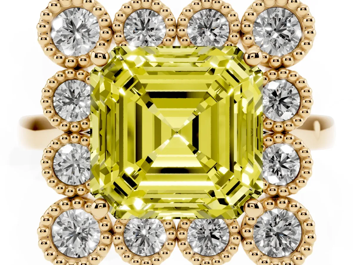 Fancy Yellow Asscher Cut Halo Diamond Cluster Engagement Ring with Milgrain Bezel Setting and Solitaire Band Yellow gold