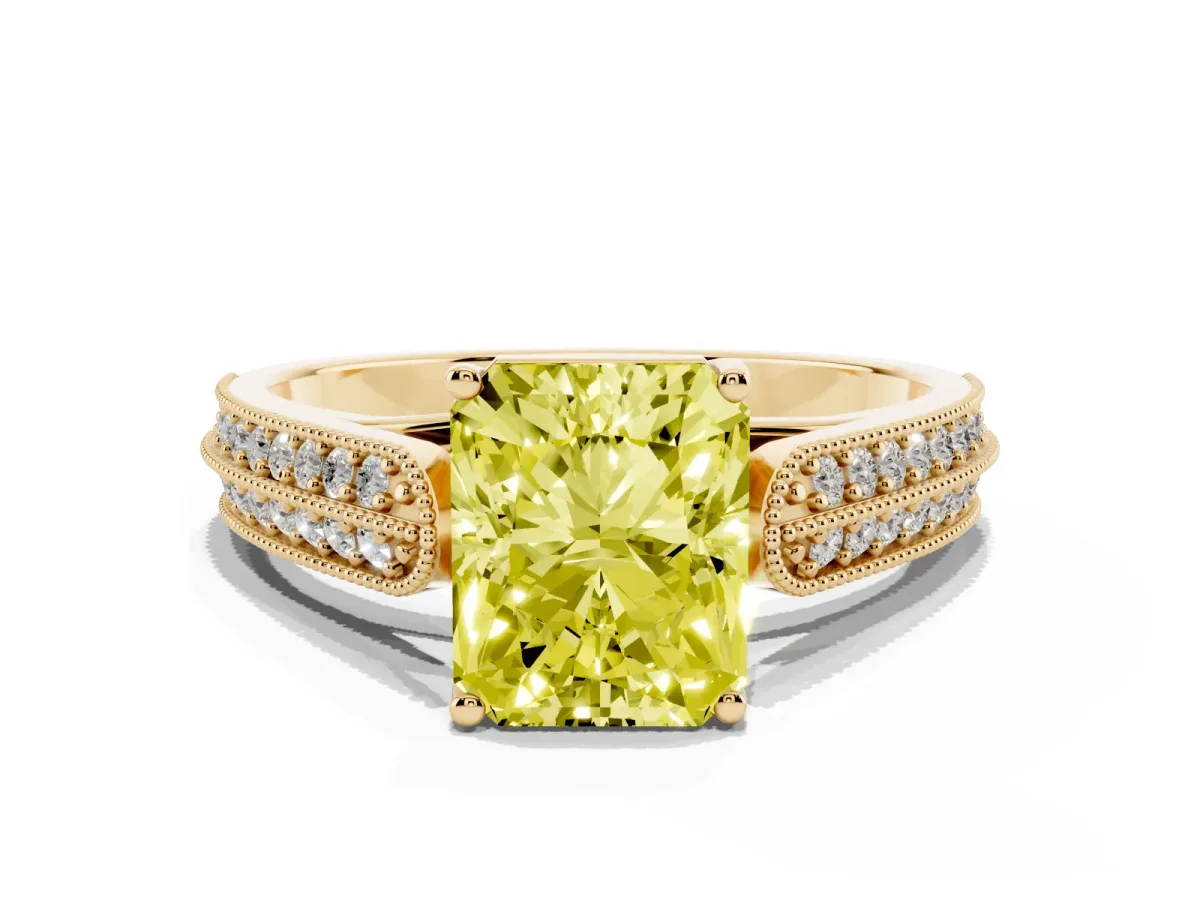 Fancy Yellow Radiant Cut Cut Pave Split Shank Engagement Ring with Four-Prong Setting Yellow gold