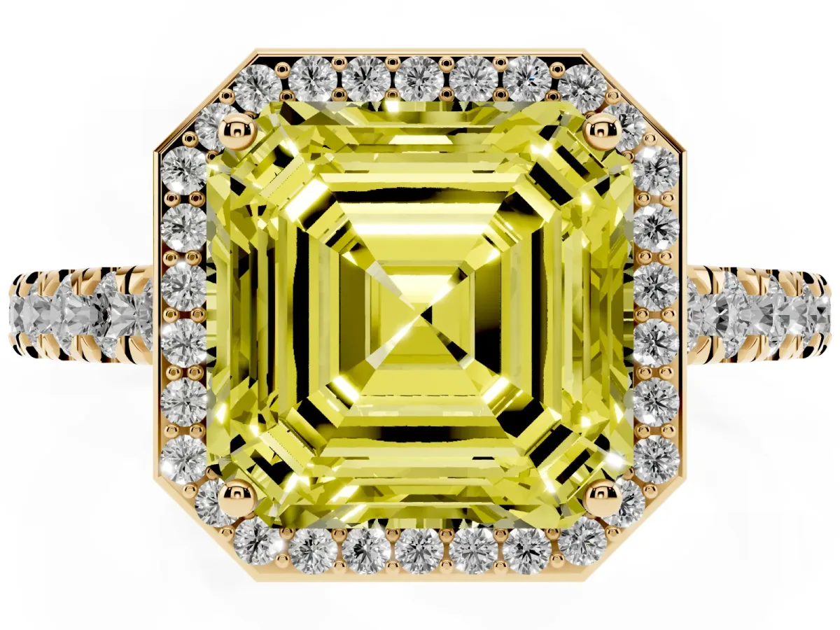 Fancy Yellow Asscher Cut Cut Halo Diamond Engagement Ring with Pave Band and Four-Prong Setting Yellow gold
