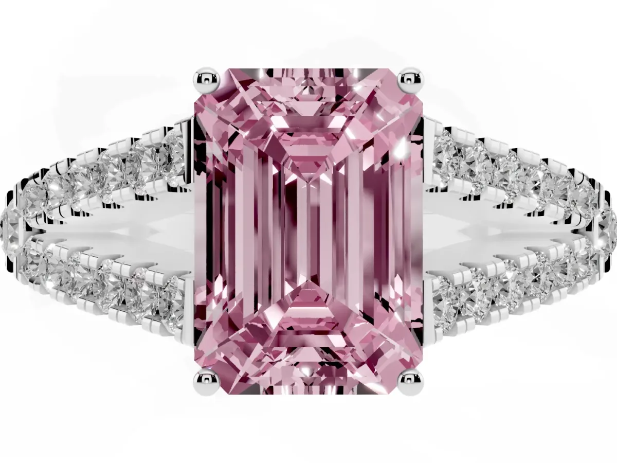 Fancy Pink Emerald Cut Diamond Split Shank Engagement Ring with Round Pavé and Prong Setting Silver