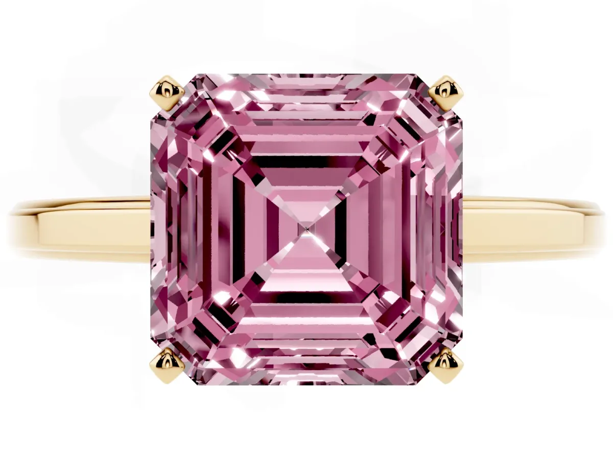 Fancy Pink Asscher Cut Solitaire Diamond Ring with Four-Prong Setting and Classic Band Yellow gold