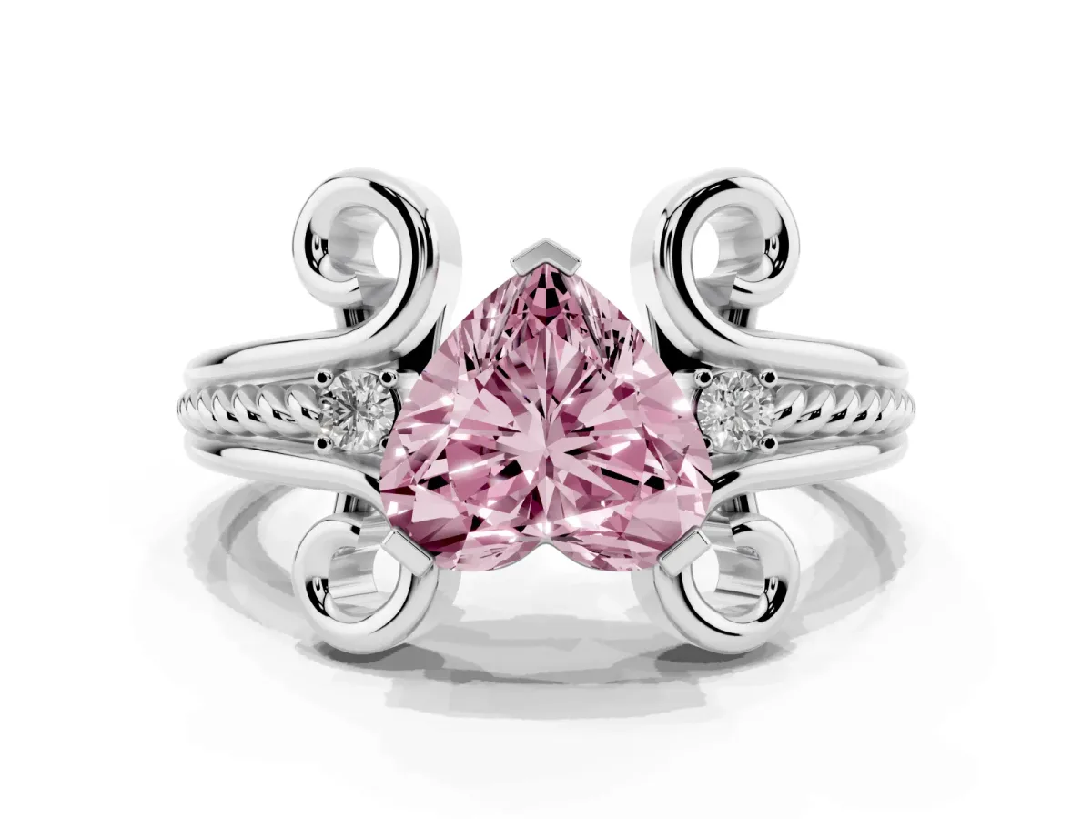 Fancy Pink Heart Cut Solitaire Twisted Band Scroll Prong Ring Silver