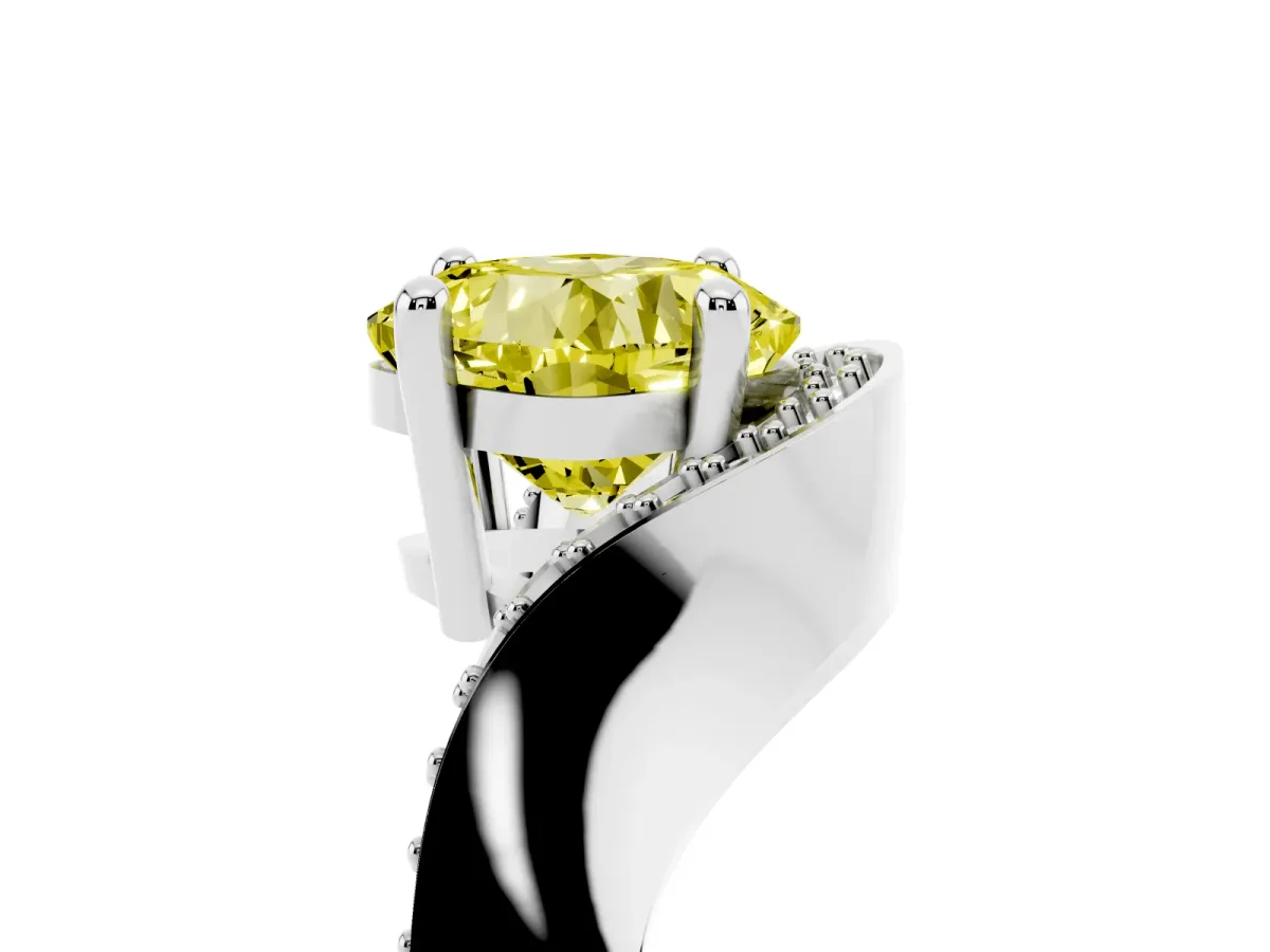 Fancy Yellow Cushion Cut Solitaire Diamond Engagement Ring with Pave Band and Four-Prong Setting Silver