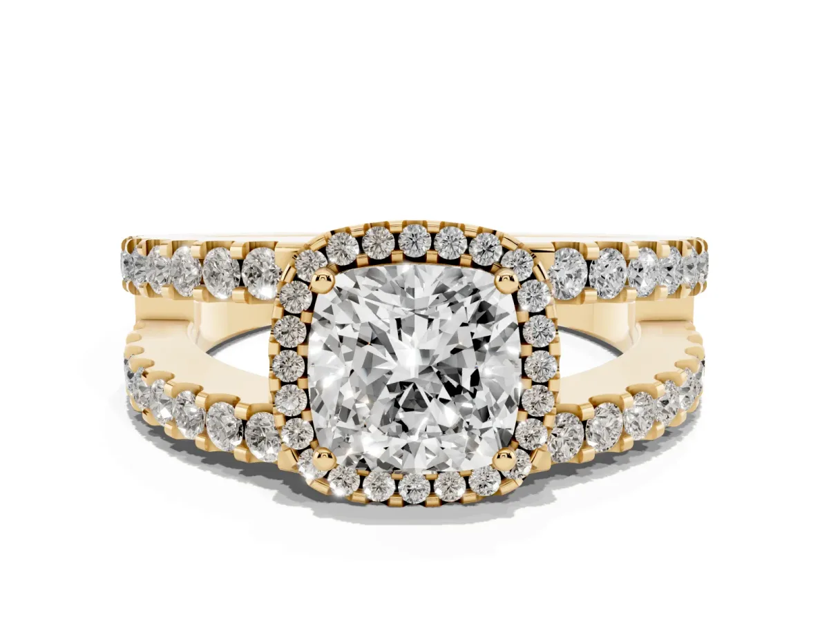 Cushion Cut Cut Halo Split Shank Diamond Ring with Four-Prong Setting Yellow gold