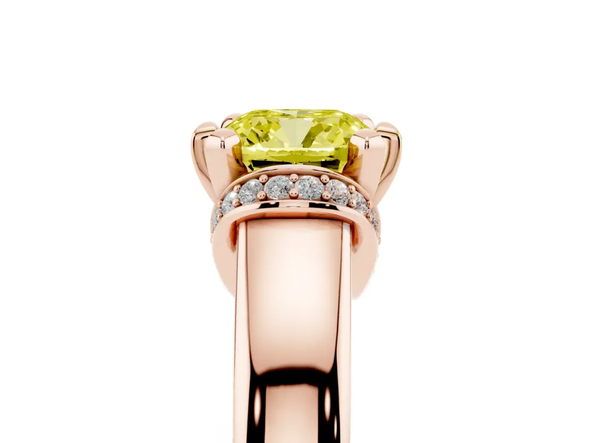 Fancy Yellow Cushion Cut Solitaire Diamond Ring with Pave Band and Six-Prong Setting Rose gold