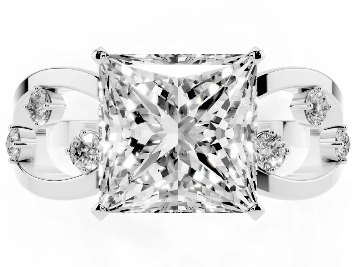 Princess Cut Cut Solitaire Diamond with Side Stones on Criss-Cross Band and Four-Prong Setting Silver