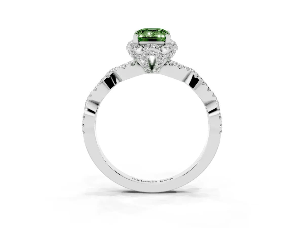 Fancy Green Emerald Cut Halo Twist Band Solitaire Ring with Six-Prong Setting Silver