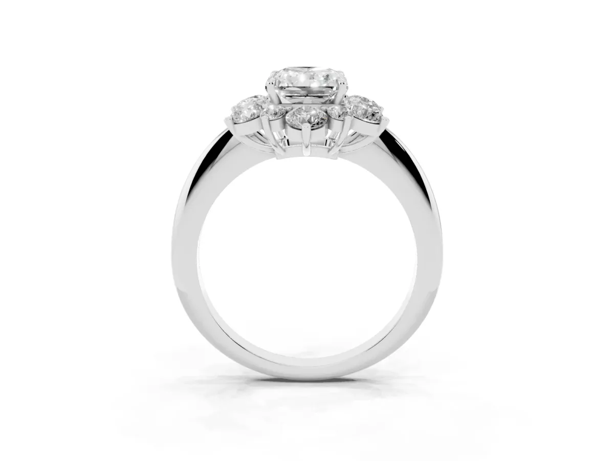 Radiant Cut Diamond Cluster Halo Ring with Solitaire Band and Four-Prong Setting Silver