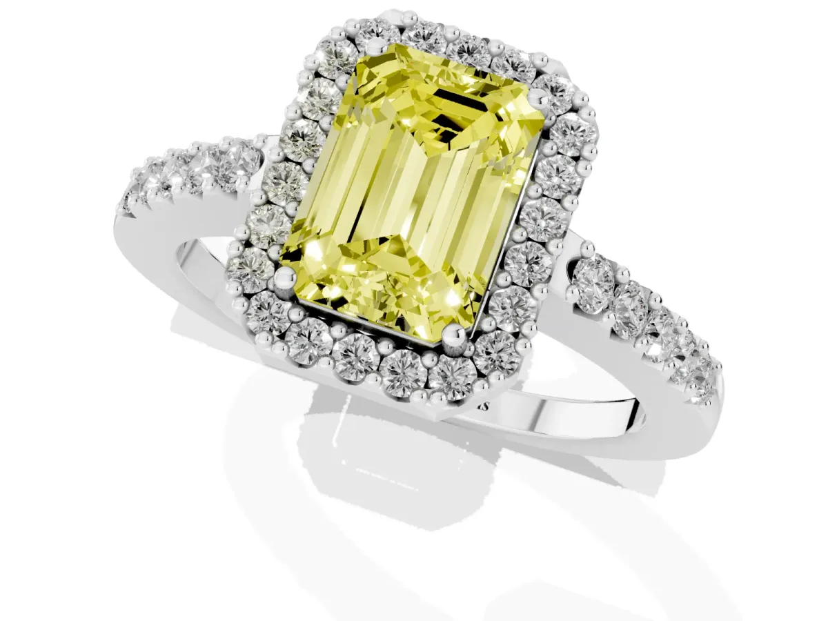 Fancy Yellow Emerald Cut Halo Diamond Pavé Solitaire Ring Silver