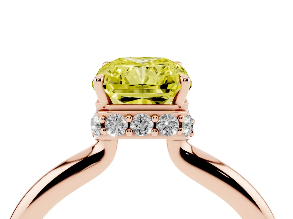Fancy Yellow Radiant Cut Brilliant Solitaire Engagement Ring with Six-Prong Setting and Classic Band Rose gold