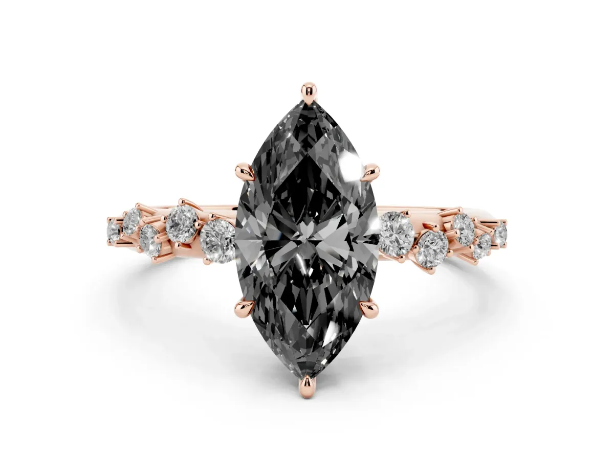 Fancy Black Marquise Cut Diamond Cluster Side Stone Solitaire Ring with Prong Setting Rose gold