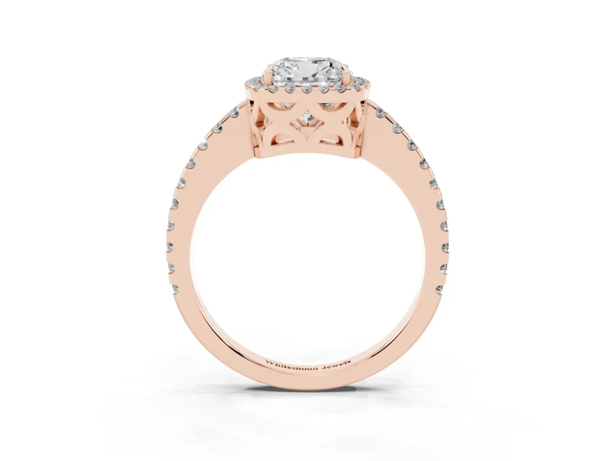 Cushion Cut Diamond Halo Engagement Ring with Pavé Band and Prong Setting Rose gold