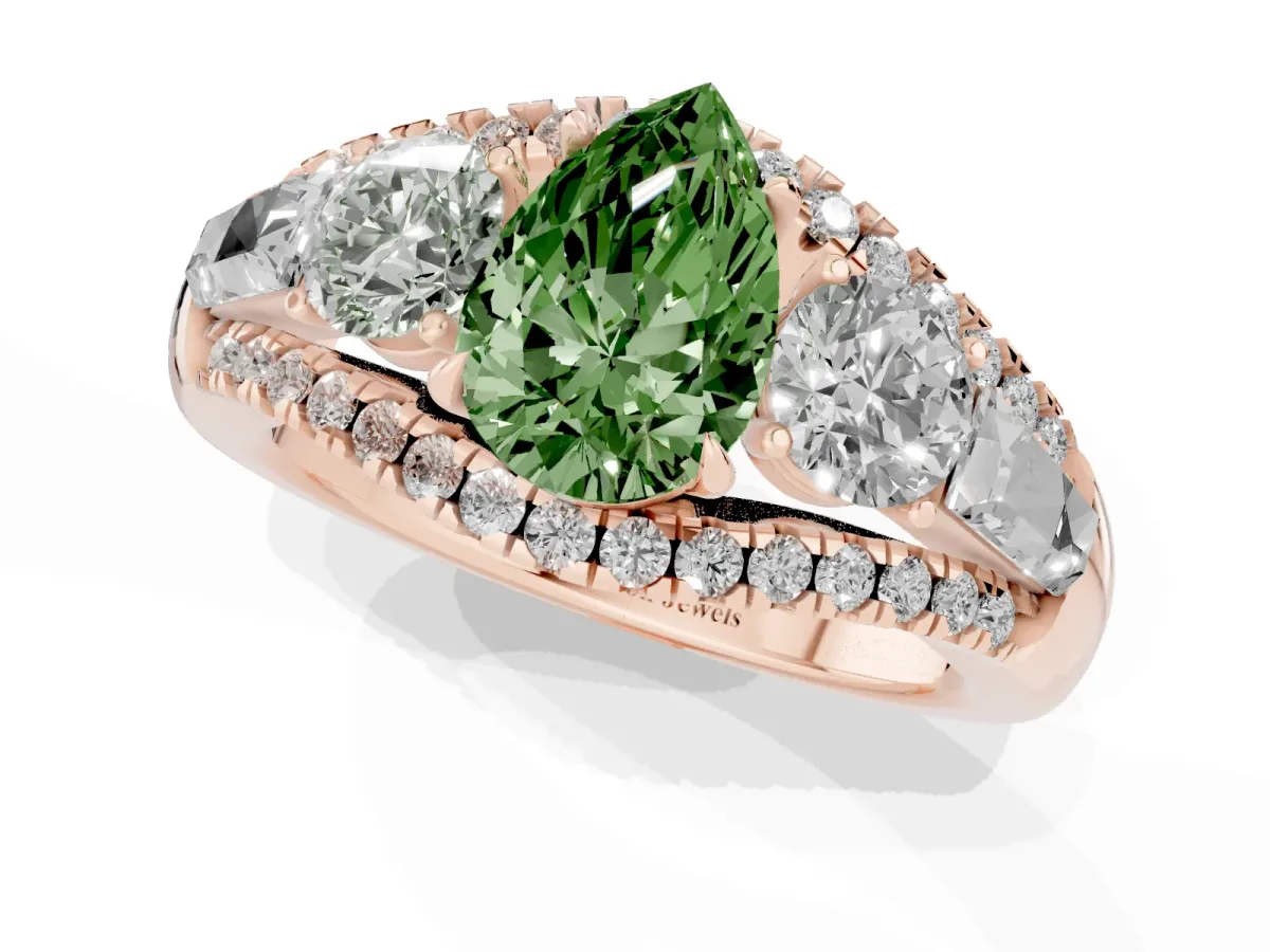Fancy Green Three-Stone Pear Cut Diamond Engagement Ring with Pave Band and Prong Setting Rose gold
