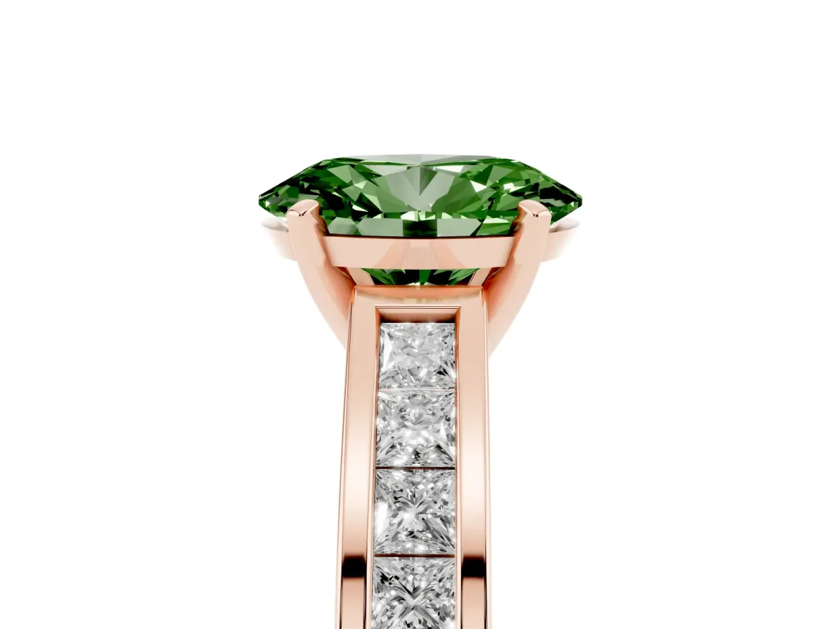 Fancy Green Oval Cut Solitaire Diamond Ring with Channel-Set Band and Four-Prong Setting Rose gold