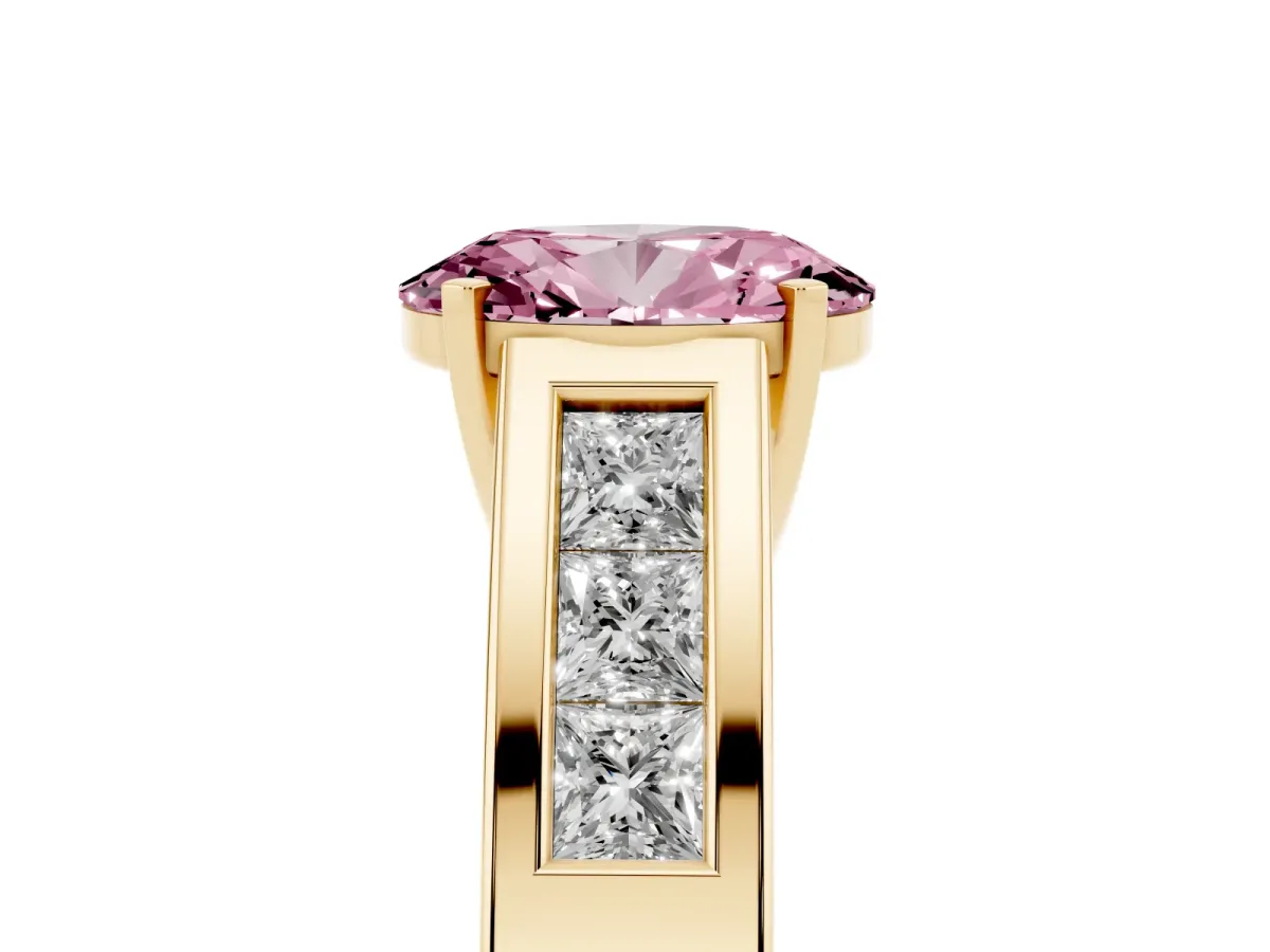 Fancy Pink Oval Cut Cut Channel Set Solitaire Ring with Four-Prong Setting Yellow gold
