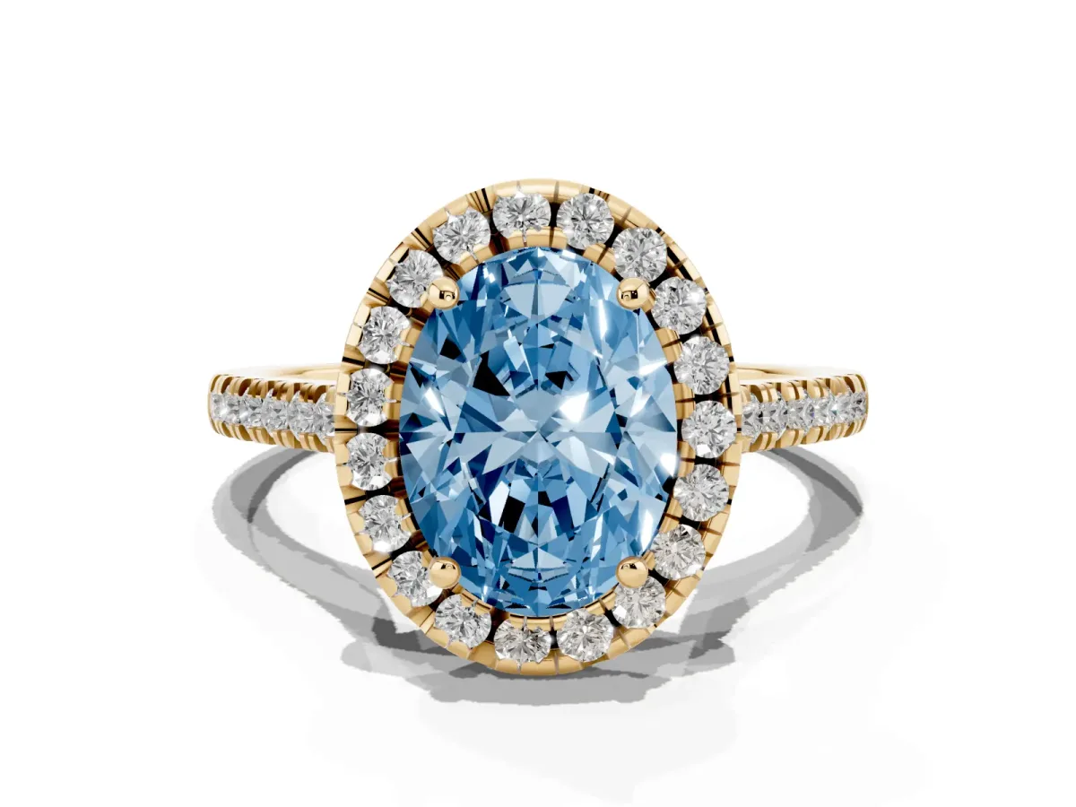 Fancy Blue Oval Cut Diamond Cushion Halo Ring with Pavé Band Yellow gold