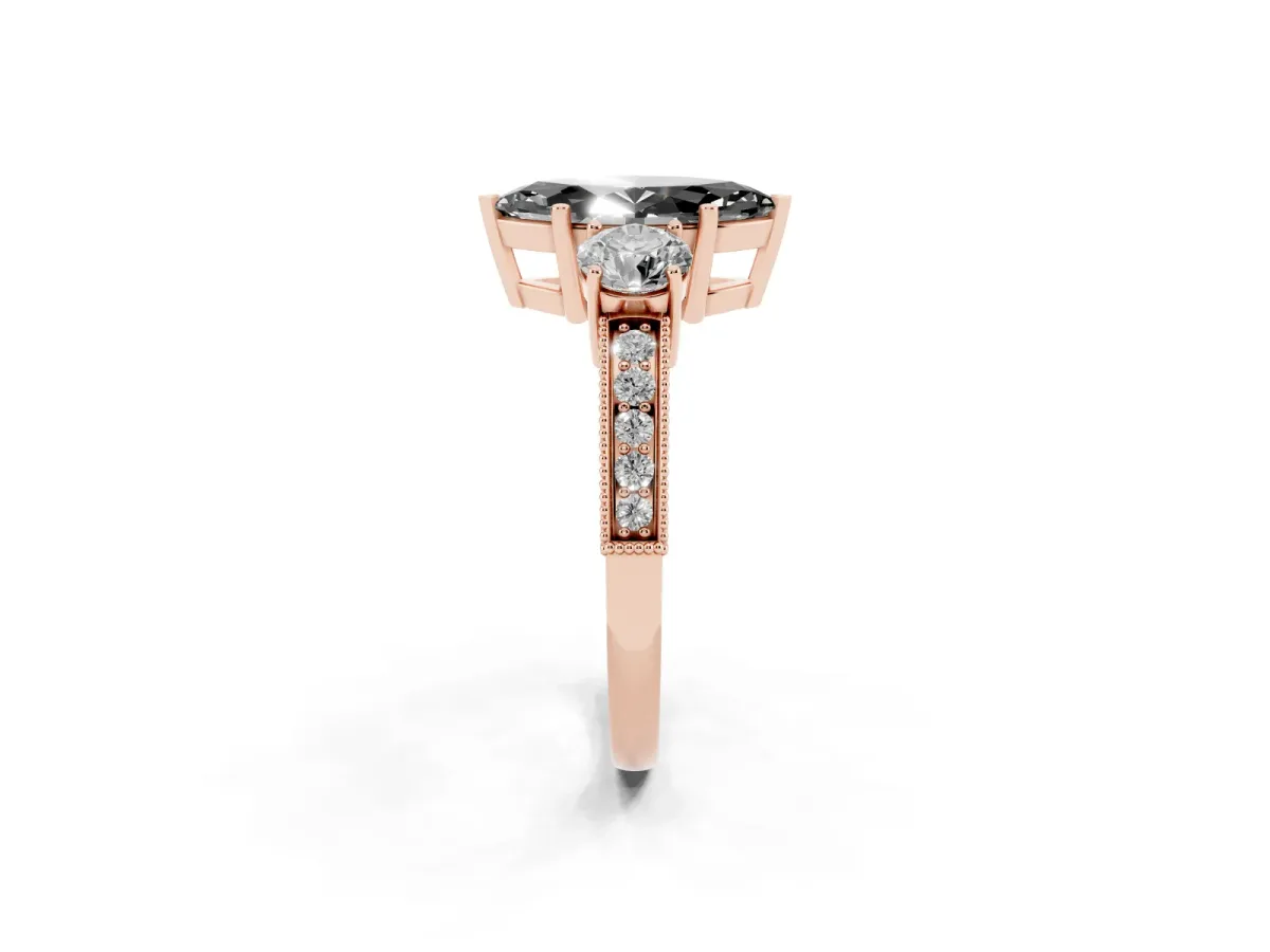 Fancy Black Marquise Cut Three-Stone Diamond Ring with Pavé Band and Four-Prong Setting Rose gold