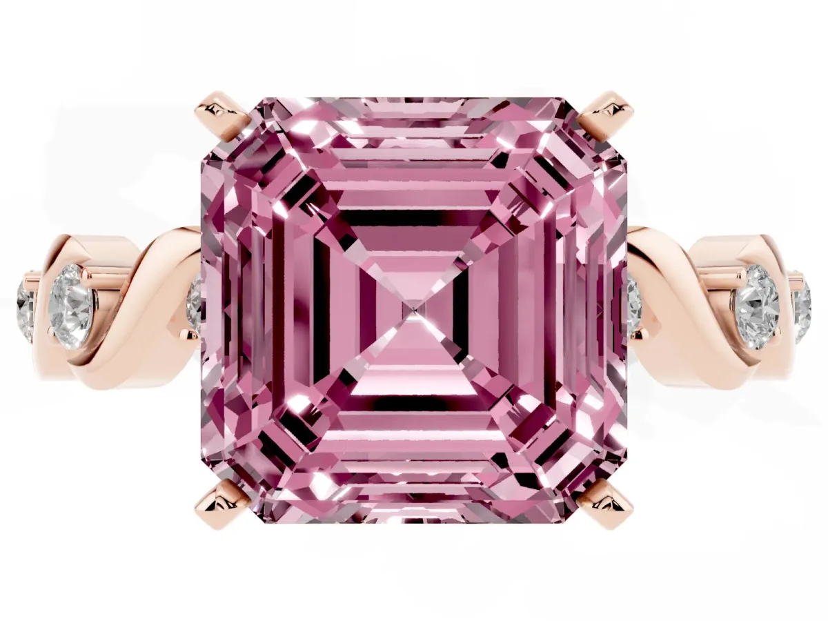Fancy Pink Asscher Cut Diamond Solitaire Twisted Band with Round Accents and Prong Setting Rose gold