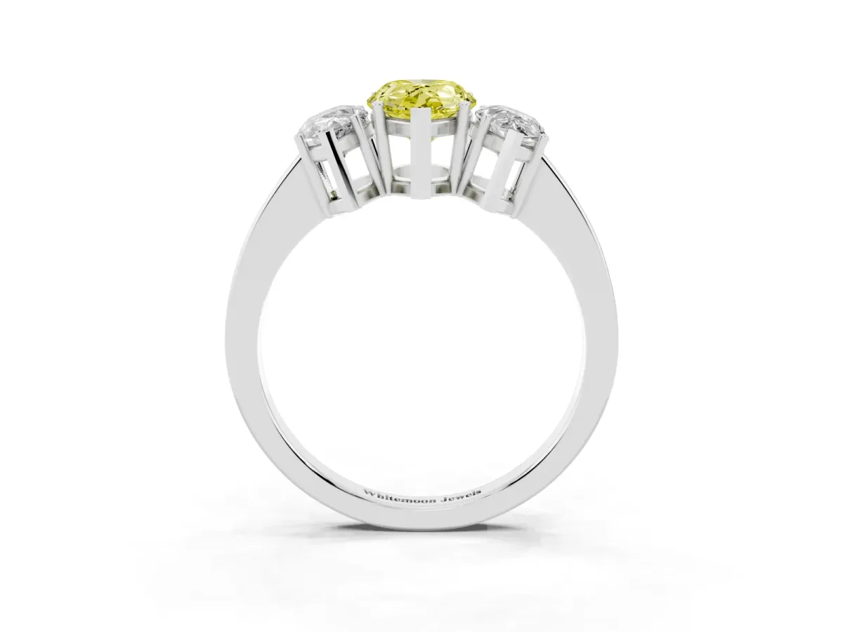 Fancy Yellow Three-Stone Pear Cut Cut Diamond Engagement Ring with Flat Band and Four-Prong Setting Silver