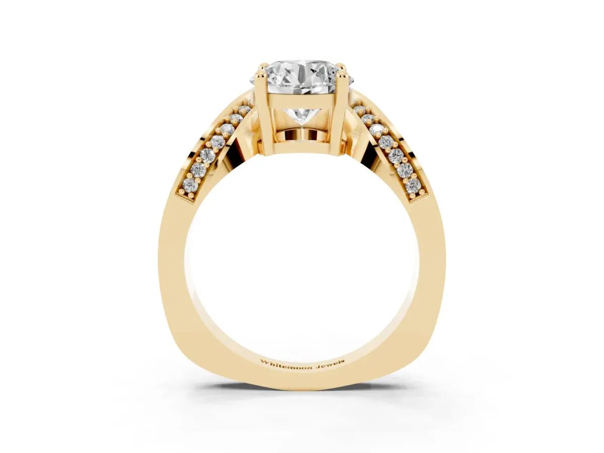 Round Cut Solitaire Diamond Engagement Ring with Pave Band and Four-Prong Setting Yellow gold