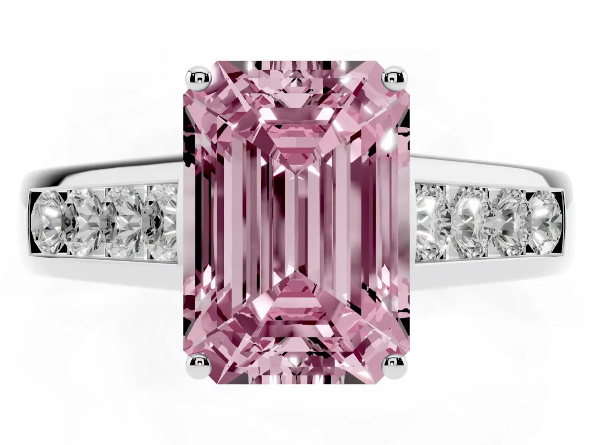 Fancy Pink Emerald Cut Brilliant Channel-Set Solitaire Ring with Four-Prong Setting Platinum