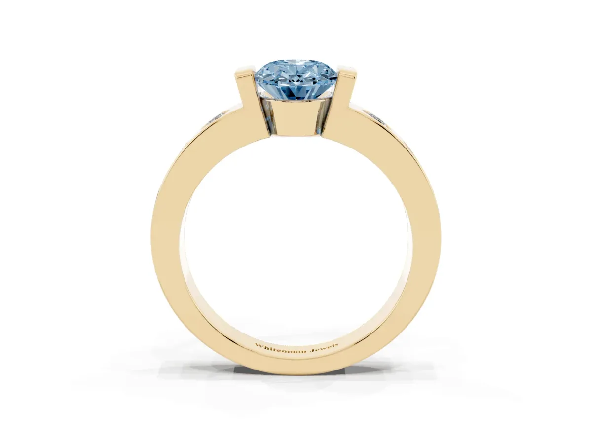 Fancy Blue Oval Cut Brilliant Channel-Set Diamond Ring with Bezel Prong Setting Yellow gold