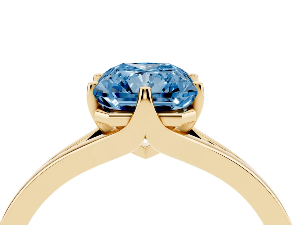 Fancy Blue Radiant Cut Solitaire Diamond Ring with Six-Prong Setting and Tapered Band Yellow gold