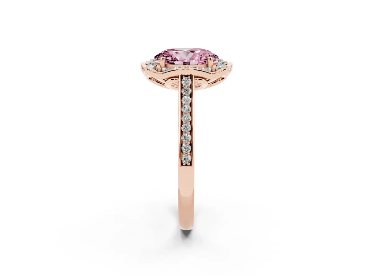 Fancy Pink Oval Cut Halo Round Diamond Pave Band with Four-Prong Setting Rose gold