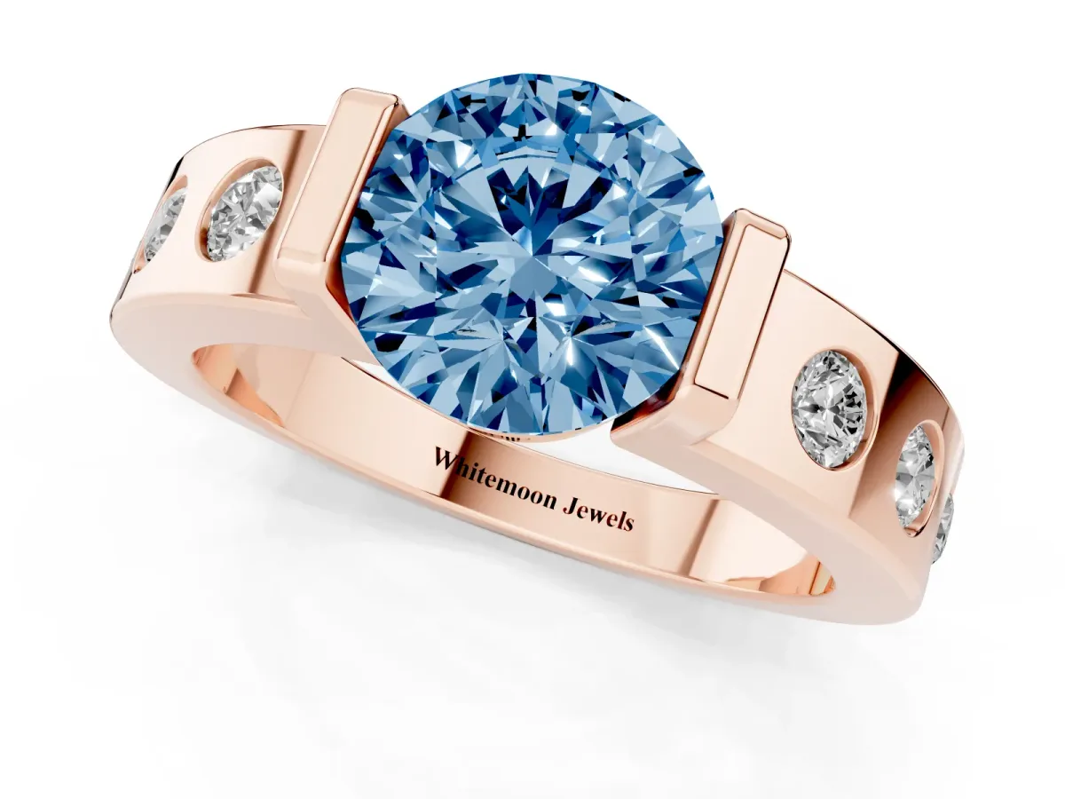 Fancy Blue Round Cut Brilliant Channel-Set Diamond Ring with Bezel Prong Setting Rose gold