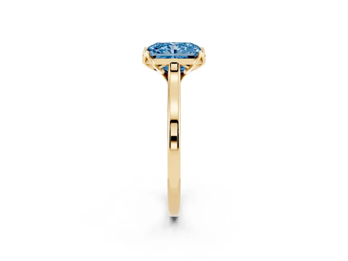 Fancy Blue Radiant Cut Diamond Solitaire Ring with Flower Prong Setting and Classic Band Yellow gold