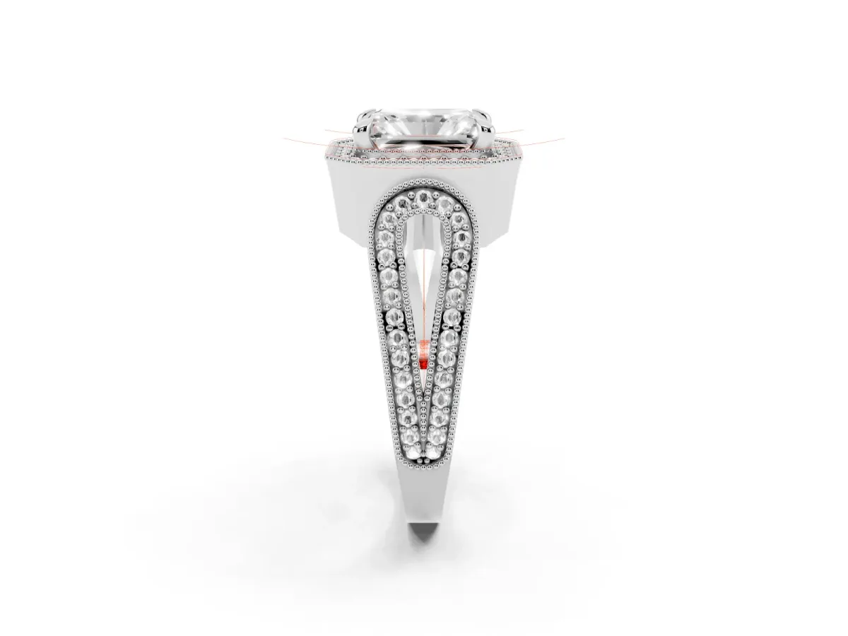 Radiant Cut Halo Split Shank Milgrain Diamond Ring Platinum
