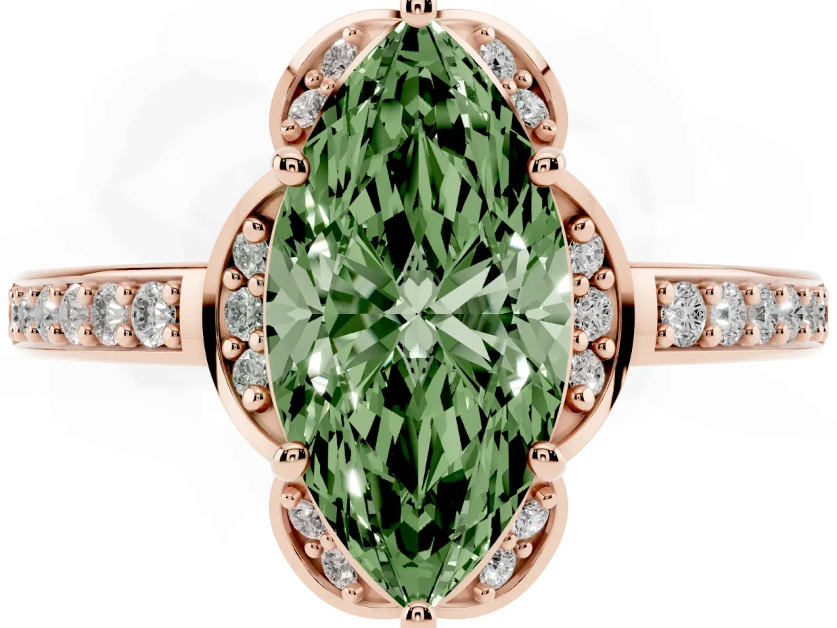 Fancy Green Marquise Cut Cut Halo Diamond Ring with Channel Set Band and Four-Prong Setting Rose gold