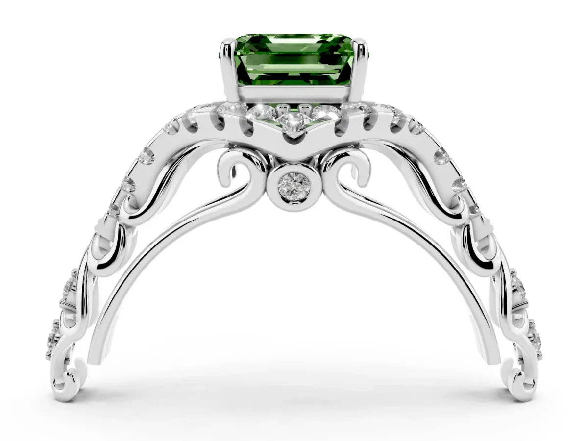 Fancy Green Asscher Cut Diamond Solitaire Ring with Hidden Halo and Pavé Band White gold