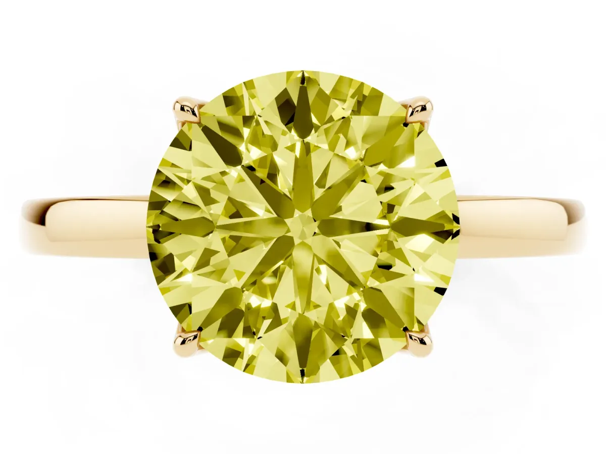 Fancy Yellow Round Cut Diamond Solitaire Ring with Thin Band and Prong Setting Yellow gold
