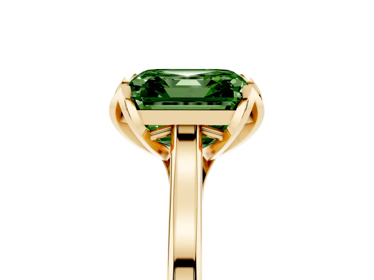 Fancy Green Asscher Cut Diamond Solitaire Ring with Flower Prong Setting and Classic Band Yellow gold