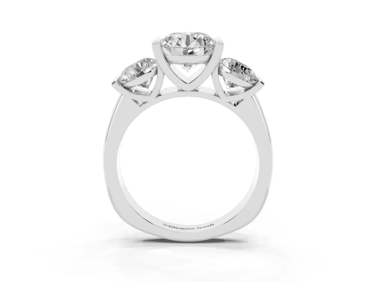 Three-Stone Round Cut Brilliant Diamond Ring with Channel Setting and White Gold Band Silver