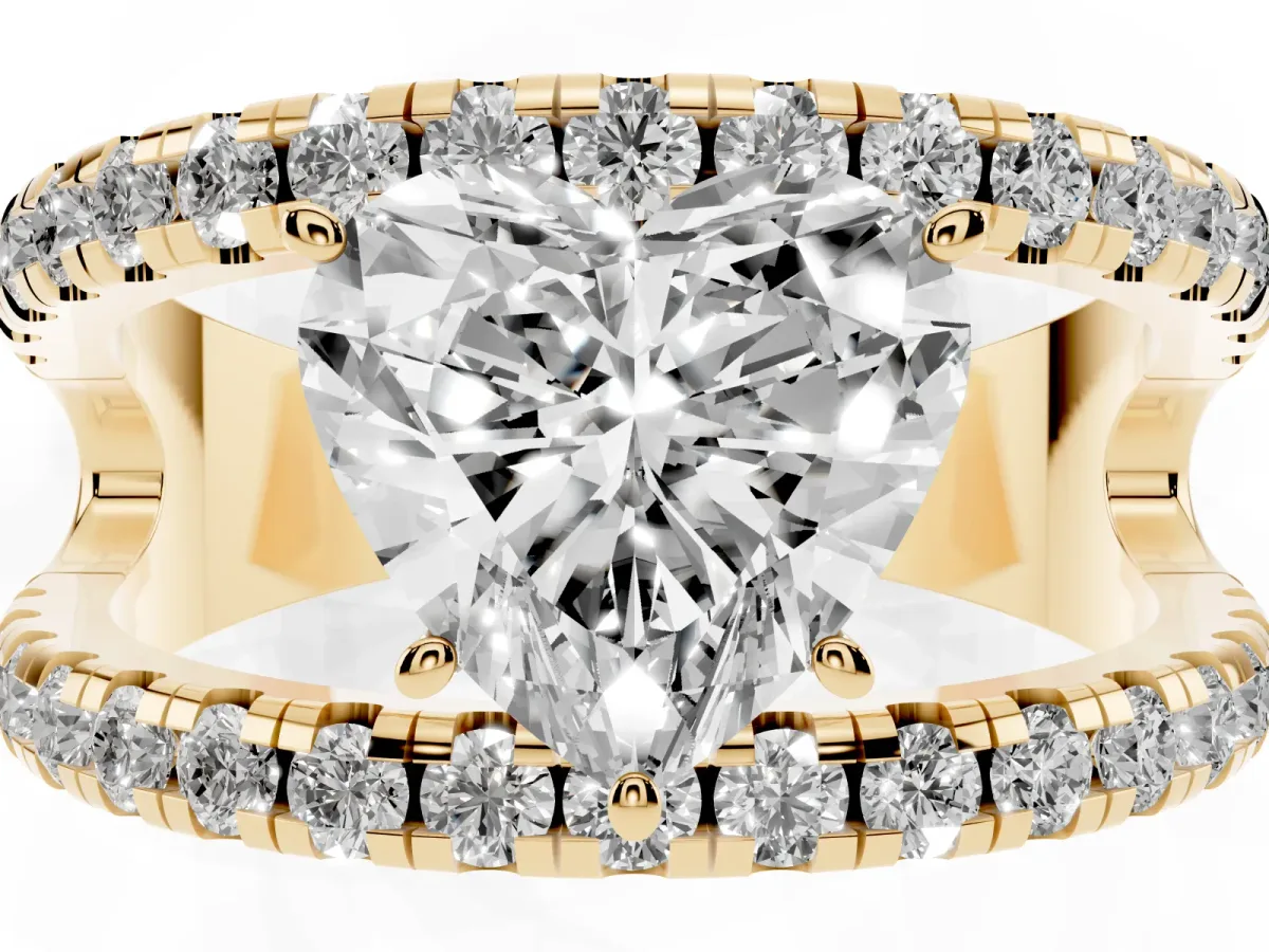 Heart Cut Solitaire Split Shank Pave Diamond Ring Yellow gold