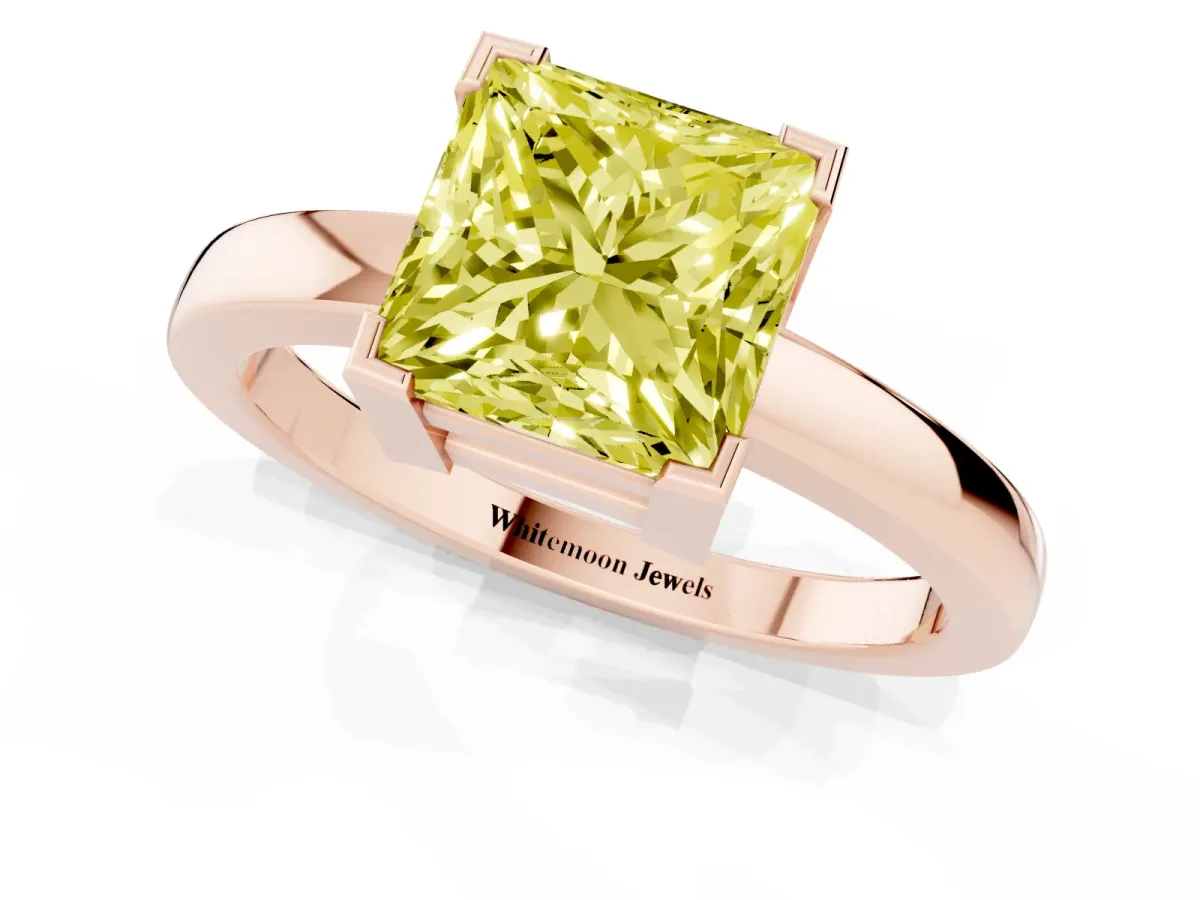 Fancy Yellow Princess Cut Cut Solitaire Ring with Four-Prong Setting and Classic Band Rose gold