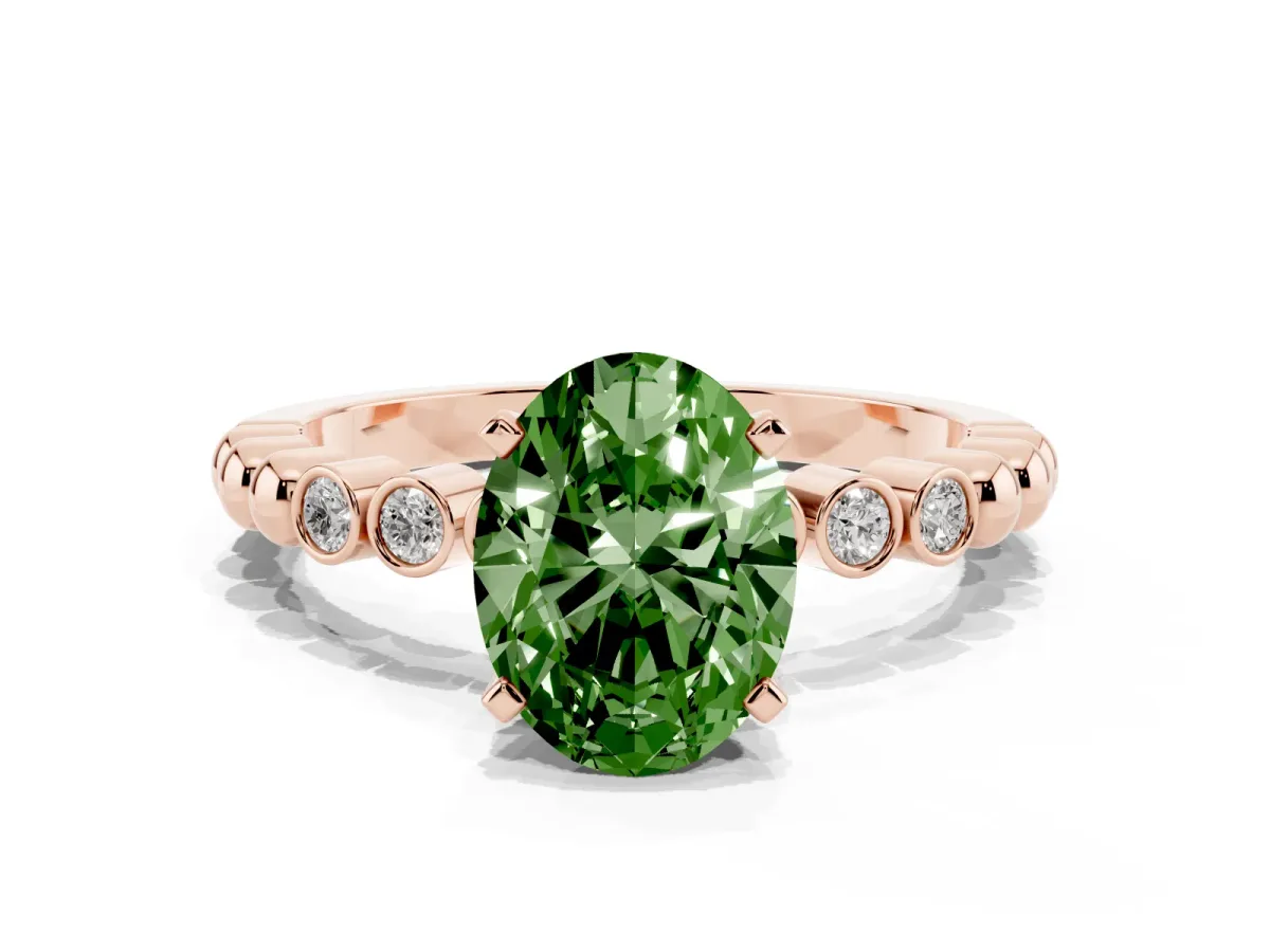 Fancy Green Oval Cut Solitaire Bezel Accent Diamond Engagement Ring with Beaded Band and Four-Prong Setting Rose gold