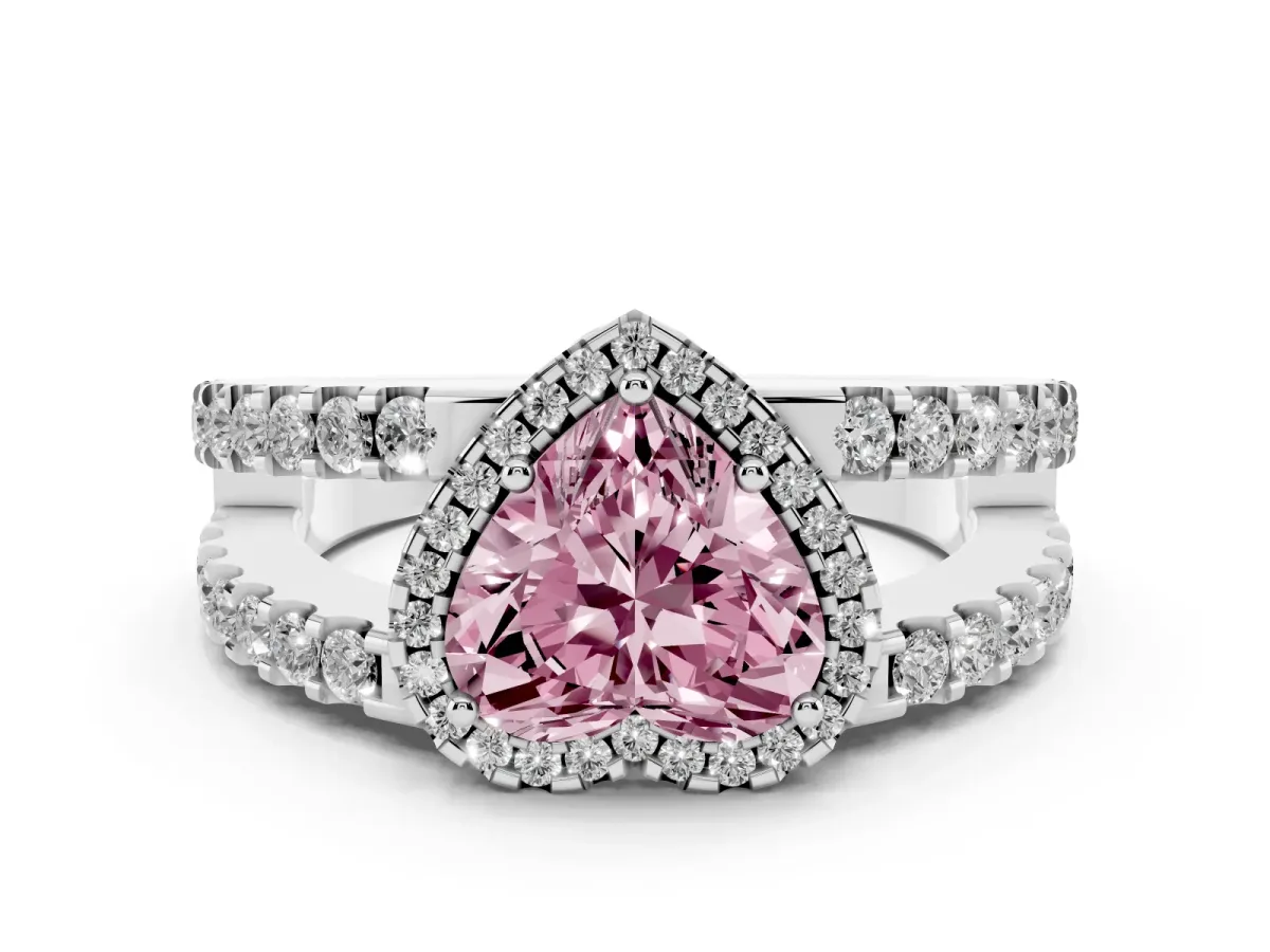 Fancy Pink Heart Cut Cut Halo Split Shank Diamond Ring with Four-Prong Setting Silver