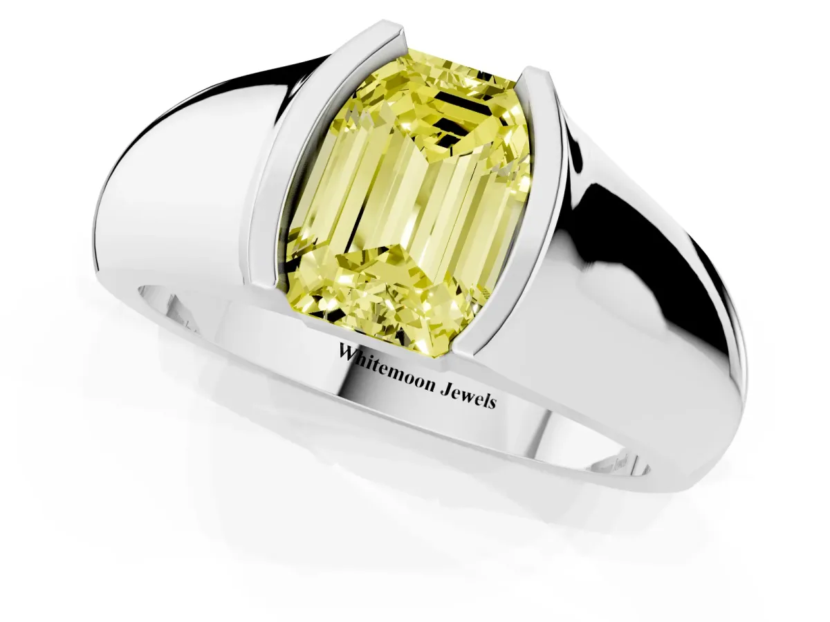 Fancy Yellow Emerald Cut Solitaire Bezel Set Diamond Ring with Wide Band Platinum