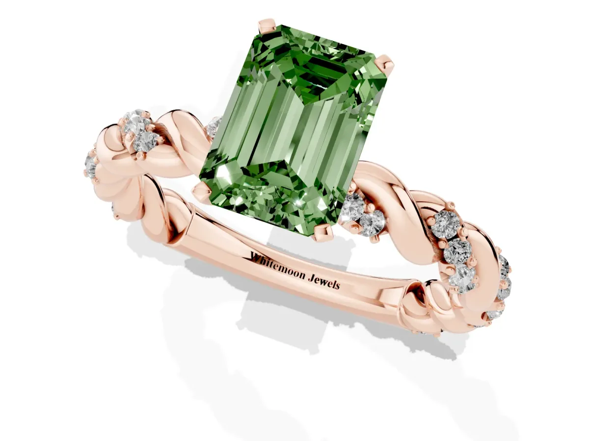 Fancy Green Emerald Cut Diamond Solitaire Ring with Twisted Band and Pavé Accents Rose gold