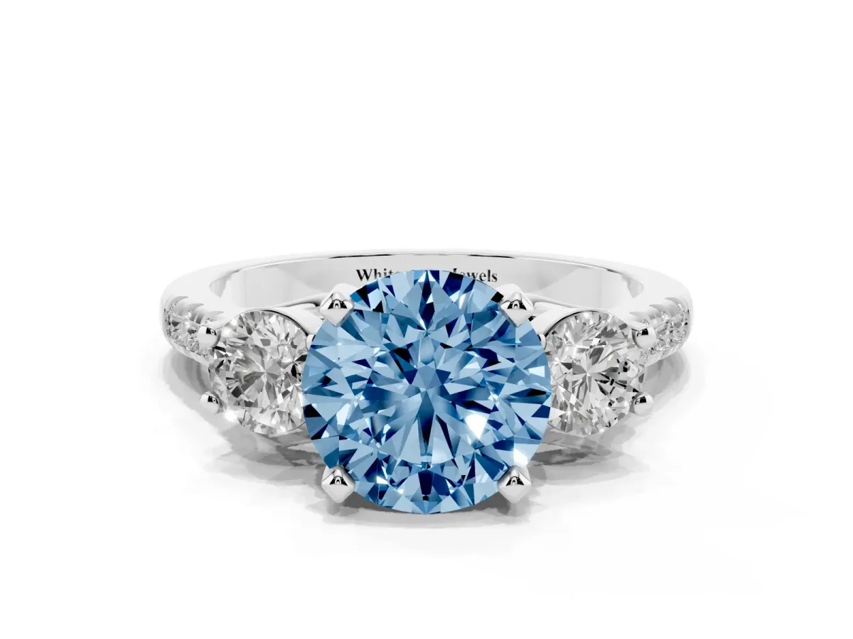 Fancy Blue Three-Stone Round Cut Diamond Pavé Band with Four-Prong Setting Silver