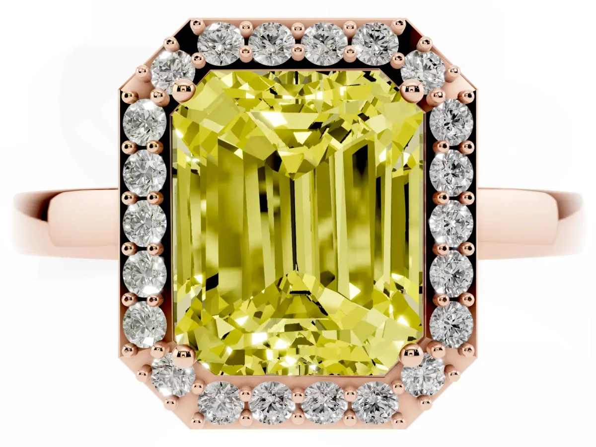 Fancy Yellow Radiant Cut Halo Diamond Ring with Solitaire Band and Prong Setting Rose gold