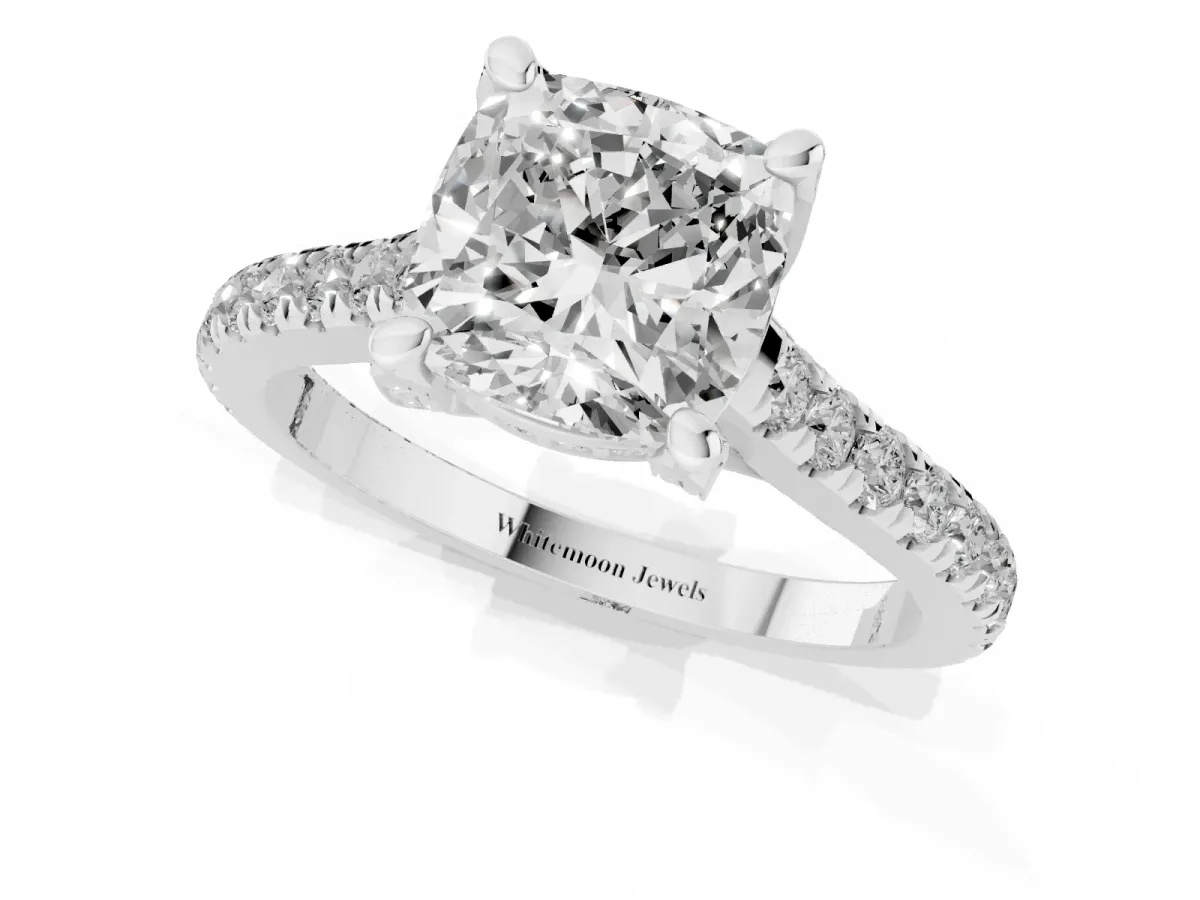 Cushion Cut Brilliant Diamond Solitaire with Pavé Band and Four-Prong Setting Silver