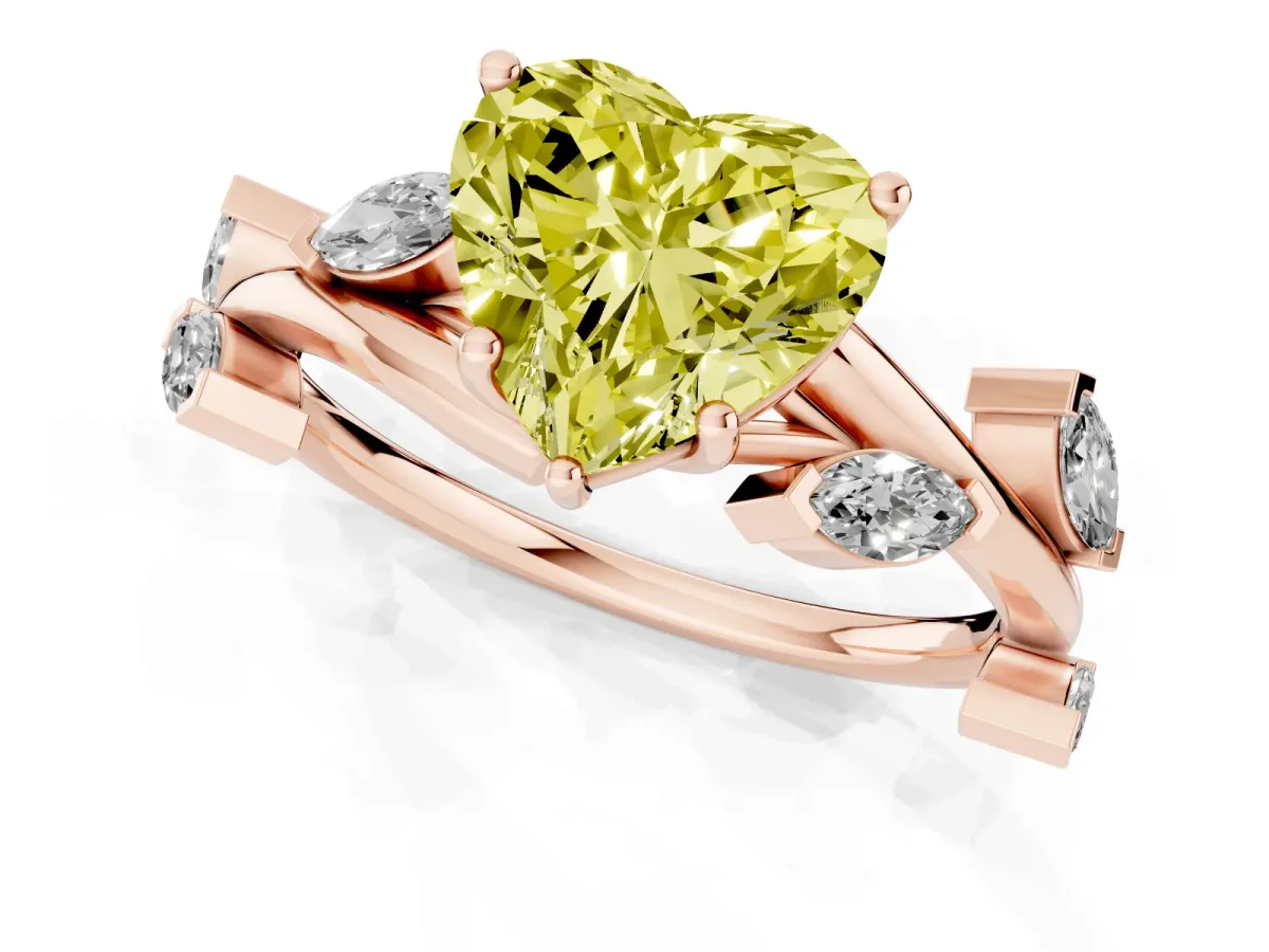 Fancy Yellow Heart Cut Solitaire Twisted Band Marquise Accent Prong Setting Ring Rose gold