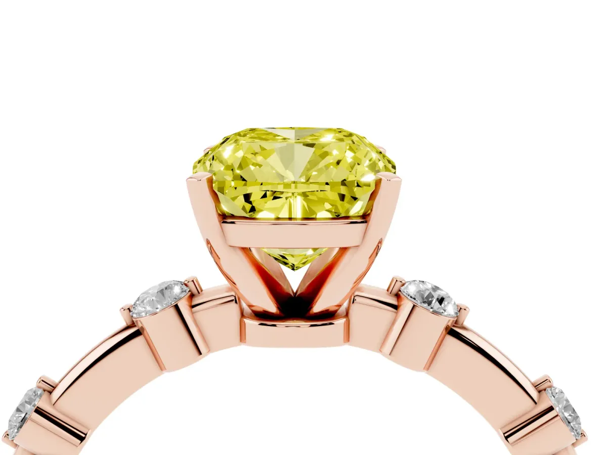 Fancy Yellow Cushion Cut Solitaire Diamond Ring with Bezel Set Side Stones and Prong Setting Rose gold