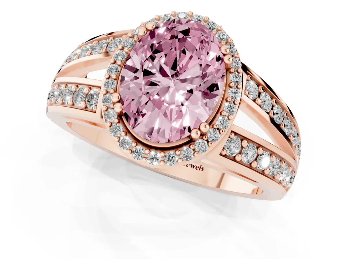 Fancy Pink Oval Cut Diamond Halo Ring with Split Shank Pavé Band and Four-Prong Setting Rose gold